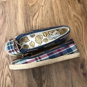 Sperry Navy Plaid Espadrille Mule with Brown Lace